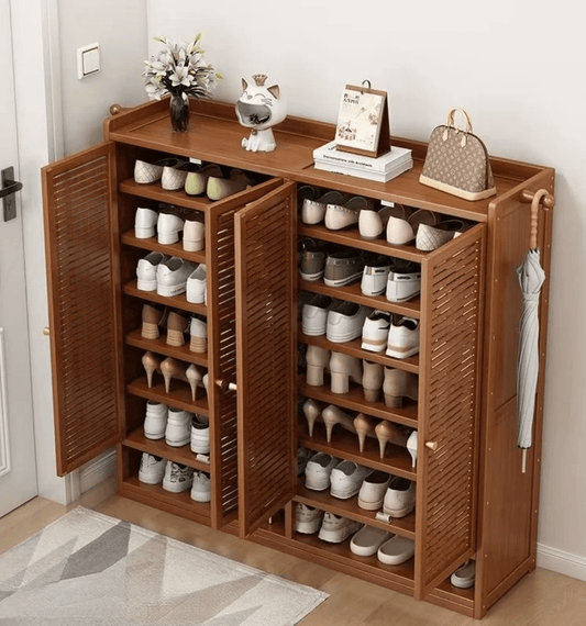 10 - Tier Bamboo Shoe Cabinet with 3 Slatted Doors | - Elegant Households KE