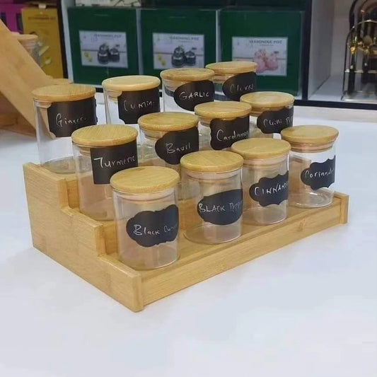12pcs Glass Spice Jar set with a Wooden Bamboo Stand | - Elegant Households KE