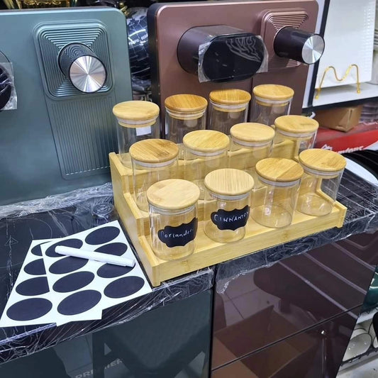 12pcs Glass Spice Jar set with a Wooden Bamboo Stand | - Elegant Households KE