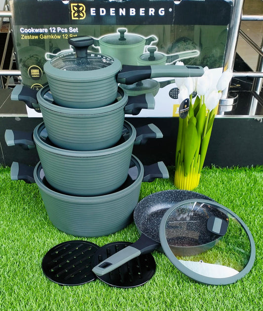 12pcs Jungle Green Edenburg Nonstick cookware set | - Elegant Households KE