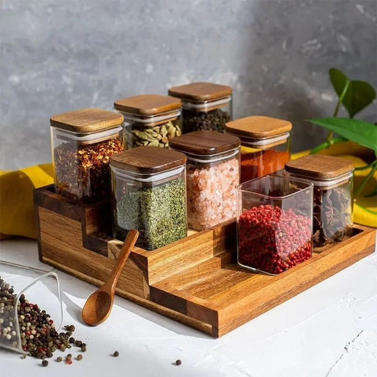 12pcs Square Glass Spice Jar set with a Wooden Bamboo Stand | - Elegant Households KE