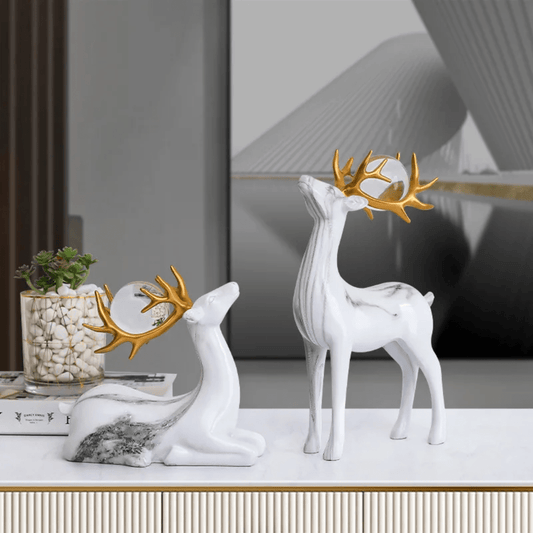 2 pieces Fortune Deer Resin Ornaments with Crystal Balls – Luxury Home Decor Figurines | - Elegant Households KE