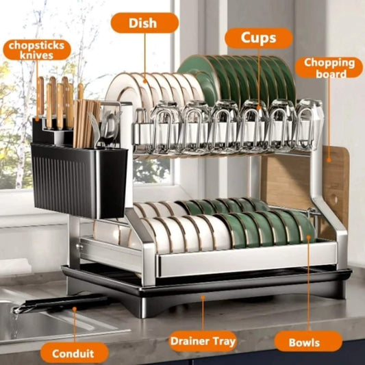 201ss Material 2 - Tier Kitchen Dish Rack with drain tray | - Elegant Households KE