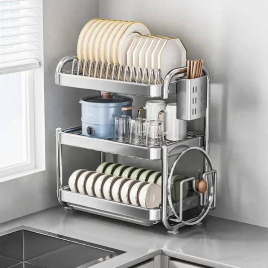 201ss Material 3 - Tier Kitchen Chrome plated Dish Rack with drain tray | - Elegant Households KE
