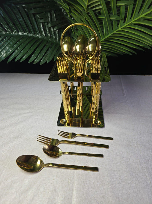 24pcs Gold Cutlery Set with Unique Stand | - Elegant Households KE