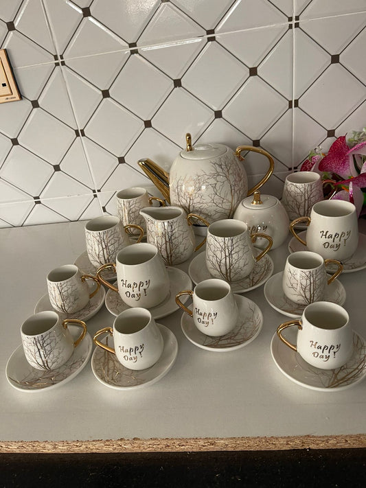 27pcs Tree Tea Set with palm tree design and gold touch. | - Elegant Households KE