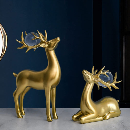 2pcs Golden Elk Ornament with Crystal Ball Decor | - Elegant Households KE