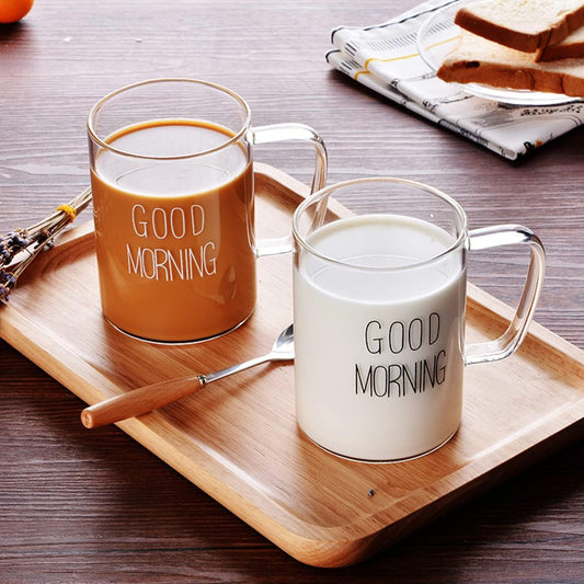 2pcs set Borosilicate Good Morning Printed Glass Mug with Handle | - Elegant Households KE