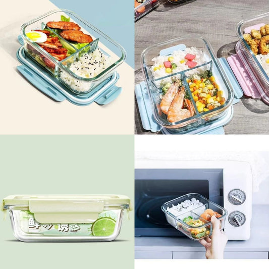 3 Grid Partitioned Glass Lunch Box | - Elegant Households KE