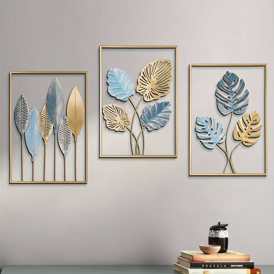 3 pieces Metal Leaves Wall Art – Decorative Iron Leaf Hanging for Living Room & Home Decor | - Elegant Households KE