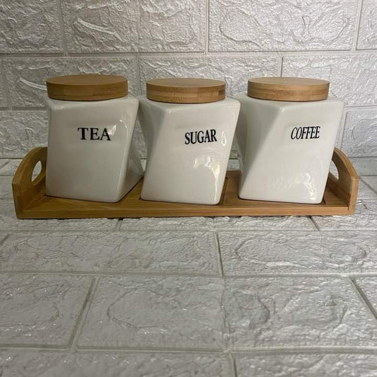 3Pcs Twisted Canisters With A Bamboo Base Stand | - Elegant Households KE