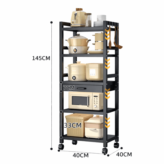 5 Tier Metallic Kitchen Rack with Drawer – Rust Free Storage Cart with Lockable Wheels | - Elegant Households KE