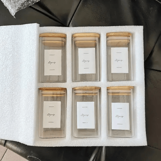 6 - pack Square Glass Jars with Bamboo lid And Spoon | - Elegant Households KE