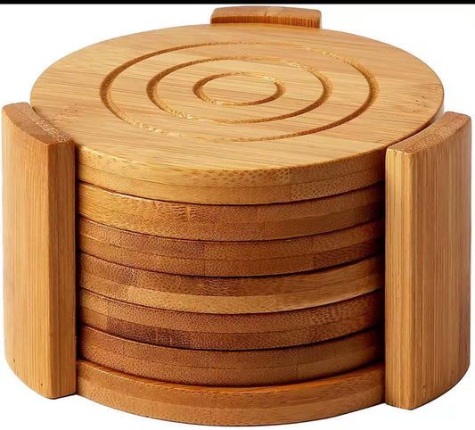 6 - Piece Bamboo Coaster Set | Eco - Friendly Round Cup Coasters | - Elegant Households KE