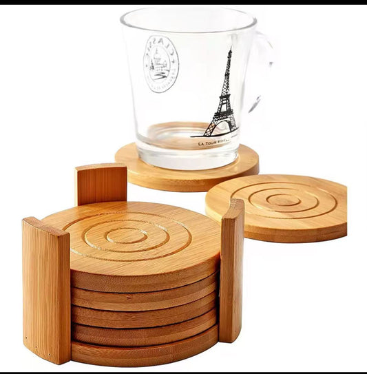 6 - Piece Bamboo Coaster Set | Eco - Friendly Round Cup Coasters | - Elegant Households KE