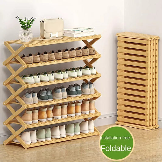 6 - Tier Bamboo Shoe Rack Stand – Foldable Multifunctional Storage Organizer for Shoes, Books, Plants | Sturdy & Portable (Brown/Black, 100x100x30 cm) | - Elegant Households KE