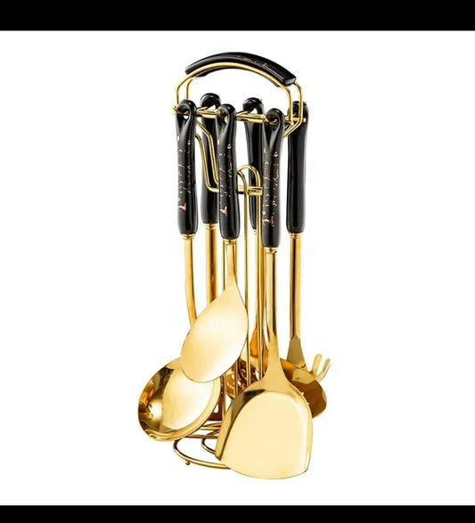 Serving Spoons - 7-Pc Marble Black Silicone Serving Spoons Set