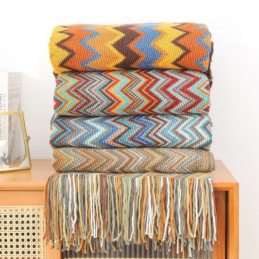Bohemian Knitted Throw Blanket With Tassel*