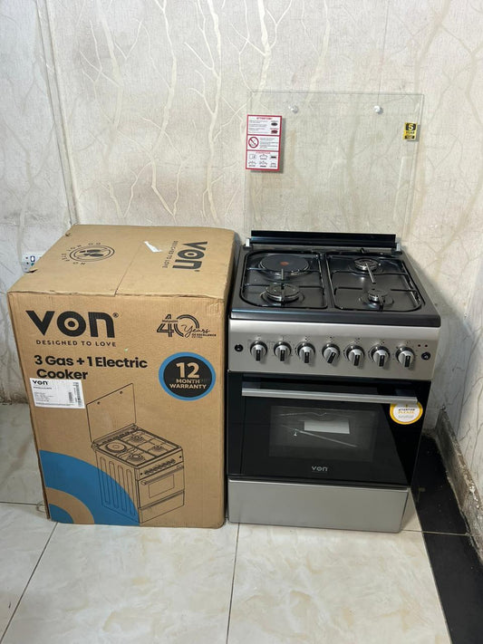 VON Cooker 3 Gas + 1 Electric -Silver