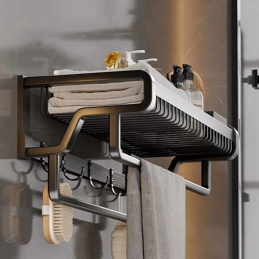 Bathroom Wall Mounted Towel Rack with wall Hooks – Double Layer Aluminum Rack