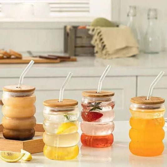 Beehive Pattern Glass Tumbler with Bamboo Lid | - Elegant Households KE