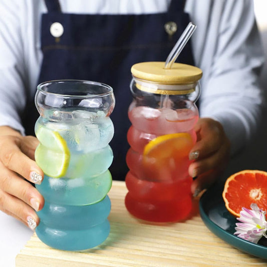 Borosilicate ripple wave glass cup with bamboo lid | - Elegant Households KE