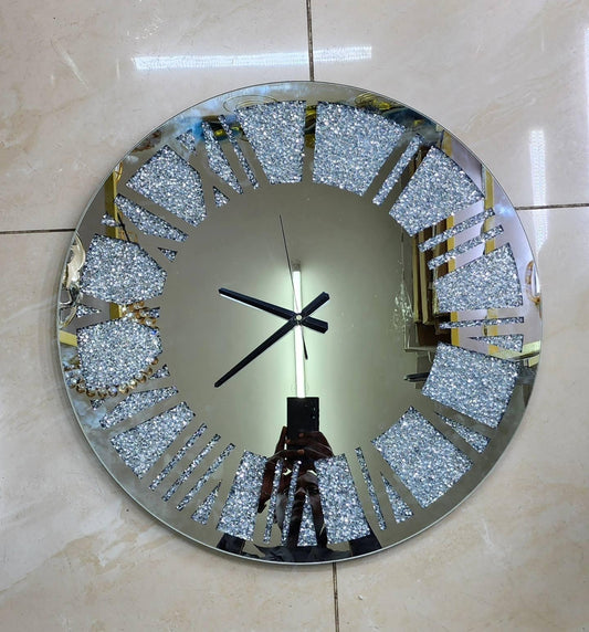 Crystal Mirrored Wall Clock with Crushed Diamond Roman Numerals | - Elegant Households KE
