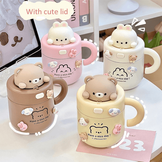 Cute bear rabbit thermos,kawaii straw with lid | - Elegant Households KE