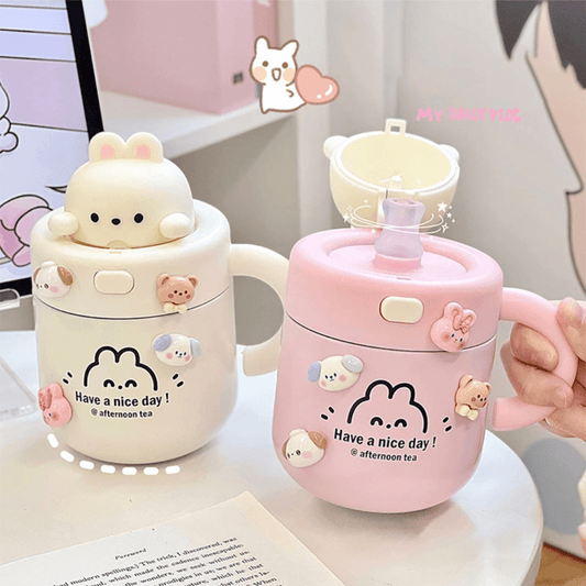 Cute bear rabbit thermos,kawaii straw with lid | - Elegant Households KE