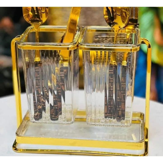 Double Acrylic Cutlery's/Spoon Holder With A Golden Stand | - Elegant Households KE
