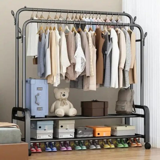 Double Pole Clothing Rack with Wheels and Shoe Rack | - Elegant Households KE