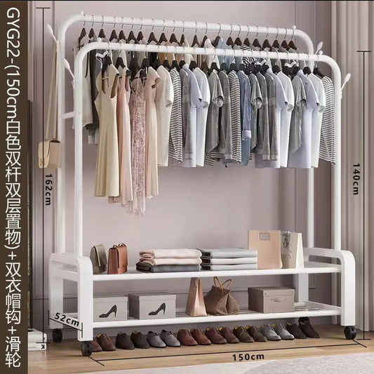 Double Pole Clothing Rack with Wheels and Shoe Rack | - Elegant Households KE