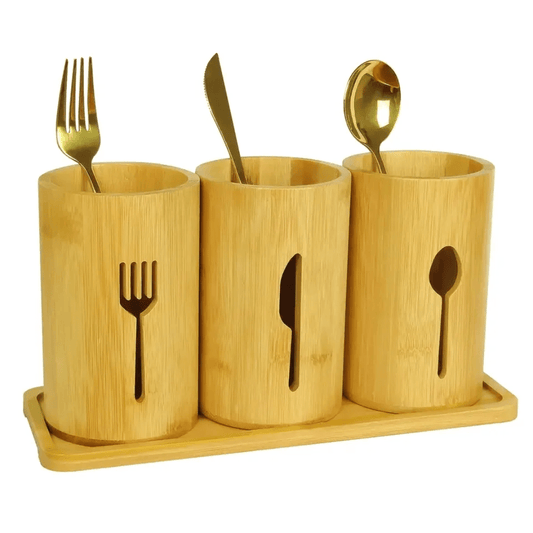 Eco - Friendly 4 - in - 1 Bamboo Cutlery Holder with Bamboo Base | - Elegant Households KE
