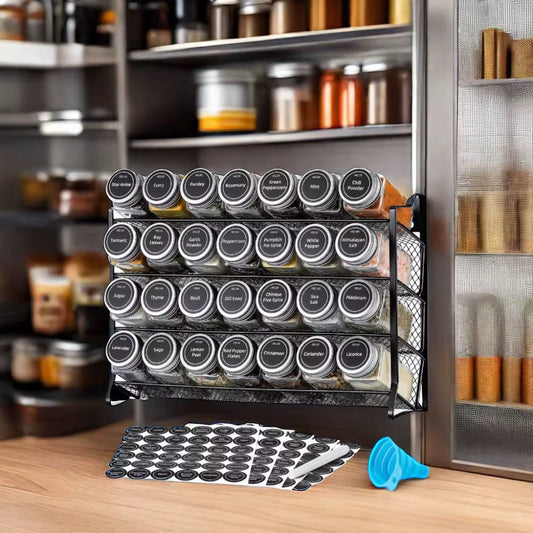Glass Spice Jars Set Spice Jars, Funnel, Labels,Pen, Brush & Spice rack Set | - Elegant Households KE