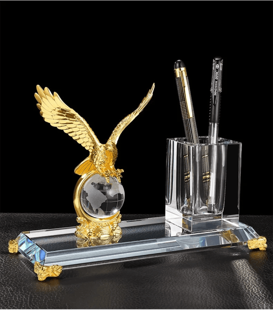 Gold Silver Bronze Metal Eagle with Globe & Crystal Pen Holder Set – Office Desk Decoration & Executive Gift | - Elegant Households KE