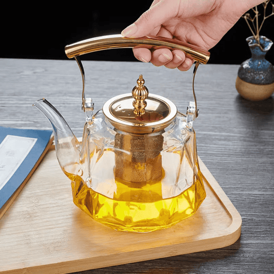 Heat Resistant Glass Teapot with Infuser – 1.2L Gold Handle | - Elegant Households KE