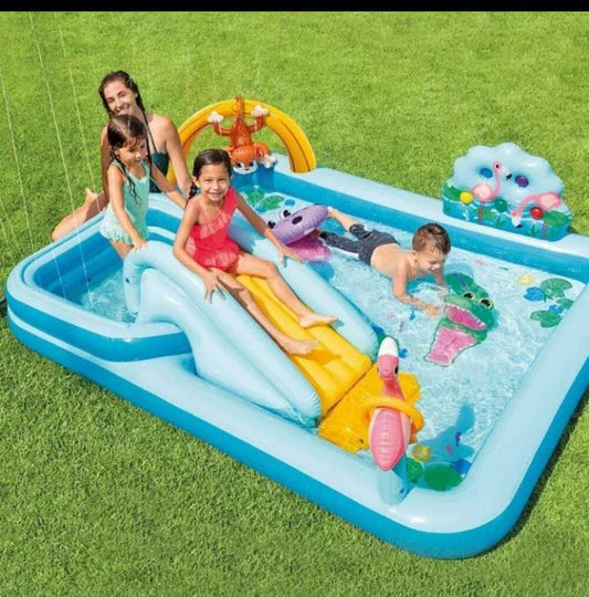 Inflatable Kids Splash Play Center 245×198×71 cm – Water Slide & Sprayer Backyard Activity Pool | - Elegant Households KE