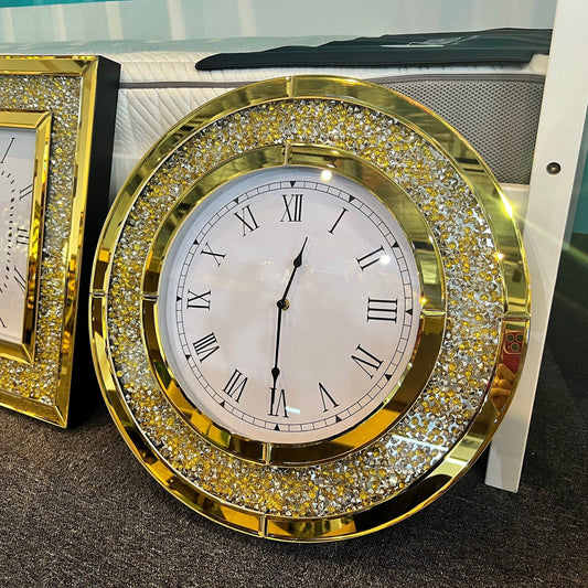 Luxury Gold Crystal Wall Clock – Round Silent Roman Numeral Clock | - Elegant Households KE