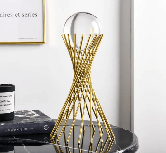 Metal Stand with Crystal Ball – Luxury Gold Decorative Sculpture for Home & Office | - Elegant Households KE