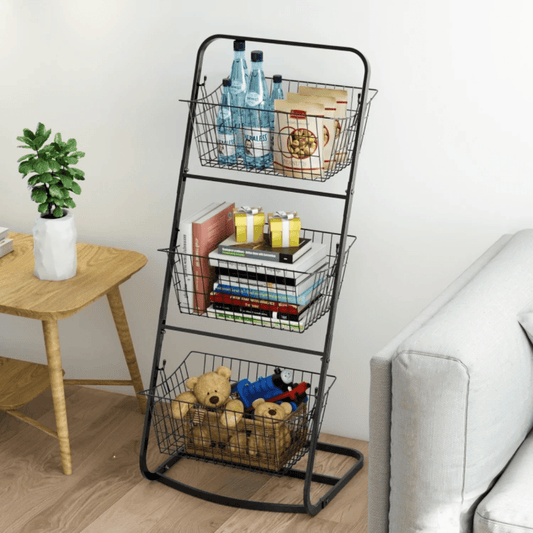 Metallic Mesh 3 - Layer Storage Rack – Durable Black Metal Organizer for Home & Office | - Elegant Households KE