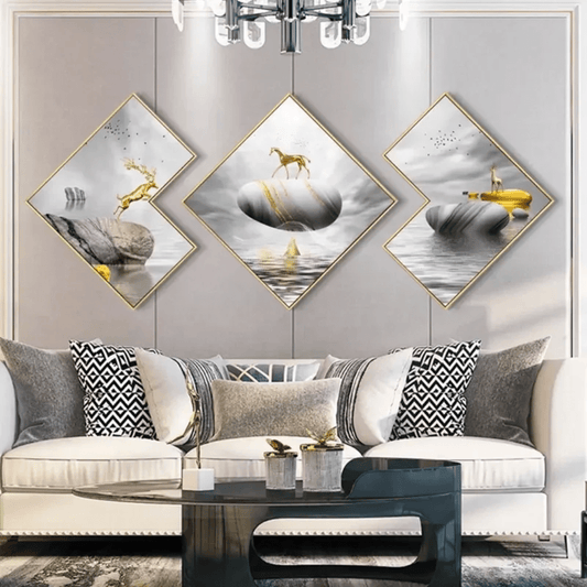 Modern Abstract 3 - Piece Wall Art – Luxury Golden Deer Framed Canvas Decor | - Elegant Households KE