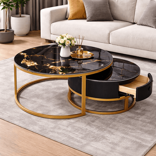 Modern Black Marble Nesting Coffee Table Set with Drawer | - Elegant Households KE