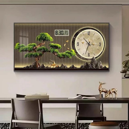 Modern Calendar Clock Wall Art – LED Landscape Wall Decor with Analog & Digital Display | - Elegant Households KE