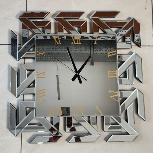 Modern Crystal Mirror Wall Clock – Geometric Roman Numeral Design | - Elegant Households KE