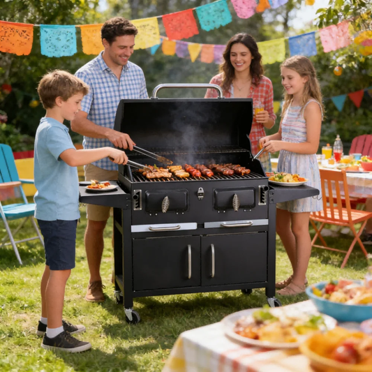 Outdoor Charcoal BBQ Grill Cart with Side Shelves & Cabinet | - Elegant Households KE