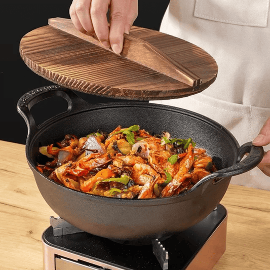 Pre - seasoned Pure Cast Iron Flat Bottom Wok with Wooden Lid | - Elegant Households KE