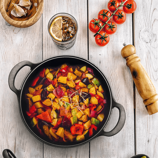 Pre - seasoned Pure Cast Iron Flat Bottom Wok with Wooden Lid | - Elegant Households KE