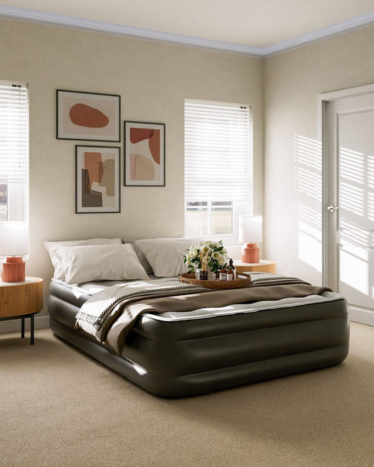 Premium Black Inflatable Mattress – Built - In Pump | Luxury Airbed 5×6 ft & 6×6 ft for Home, Travel & Camping | - Elegant Households KE