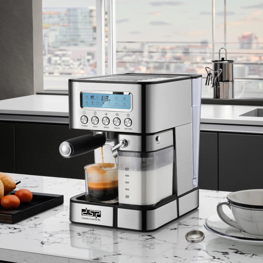 DSP KA3141 Espresso Coffee Maker 15 Bar – 1350W Automatic Milk Frother Machine with Dual Thermoblock Heating, LCD Display, 1800ml Water Tank