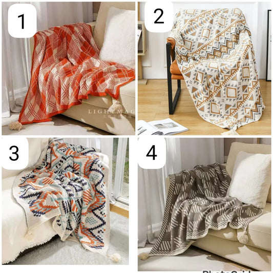 Nordic Bohemian knitted throw blankets with tassels